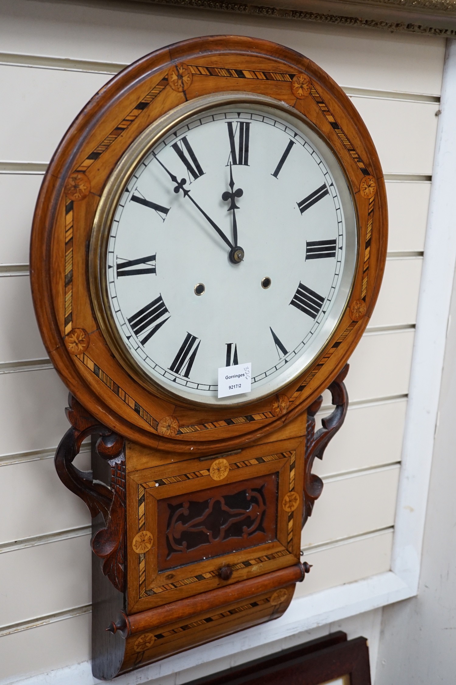 A Victorian parquetry inlaid walnut drop dial wall clock, height 70cm *Please note the sale commences at 9am.